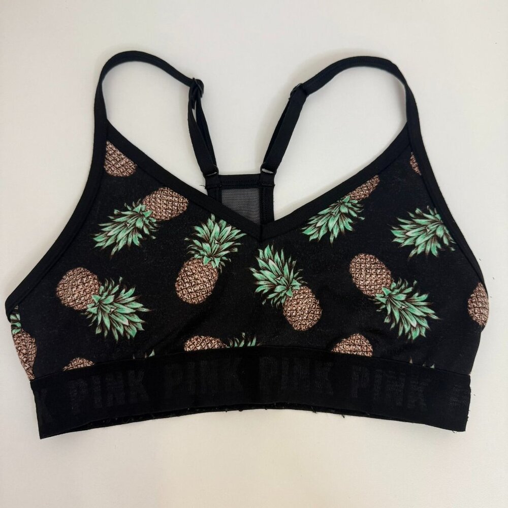 PINK Victorias Secret Pineapple Sports Bra Small Black Lightly Lined Racerback S